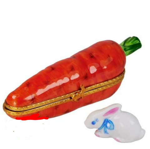 Carrot With Rabbit:Pink-Blue Limoges Box-Limoges Imports Limoges Boxes garden vegetables critters-Limoges Box Boutique