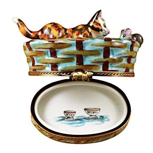 Cat in Basket with Mouse limoges box