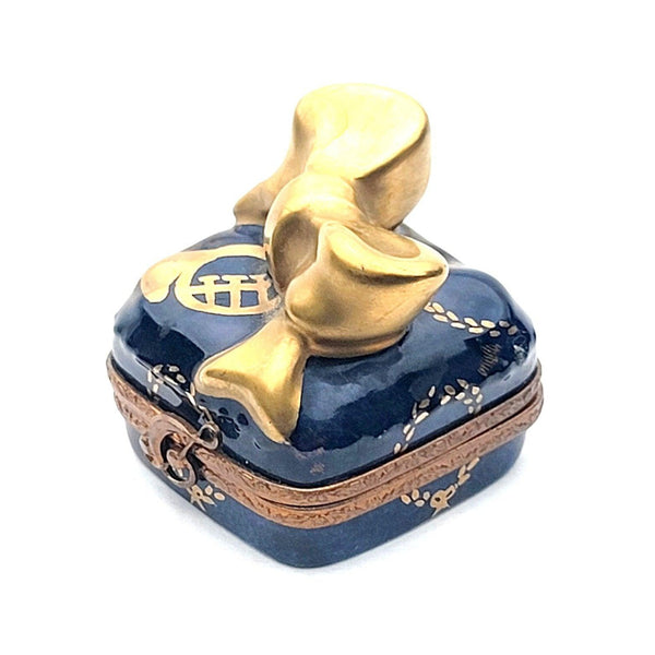 Christmas French Horn Blue Gold Gift Present Limoges Box