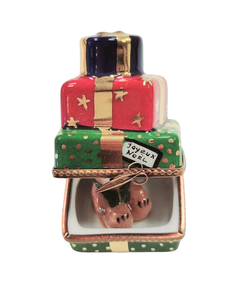 Christmas Presents Teddy Bear inside Stacked Gift Box Gold Bow