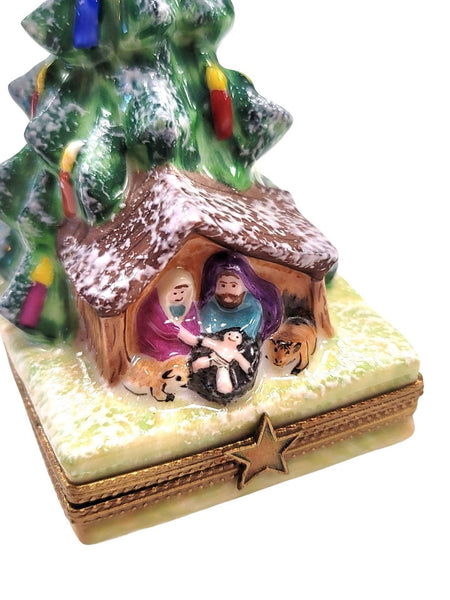 Christmas Tree Manger Scene Nativity Porcelain Limoges Trinket Box