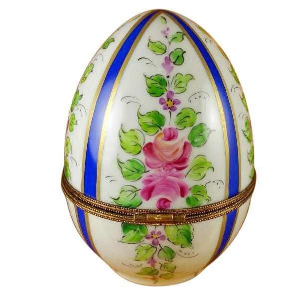 Large Blue Striped Egg with Flowers limoges box