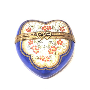 Medium Blue Gold Heart w Red Flowers Limoges Box