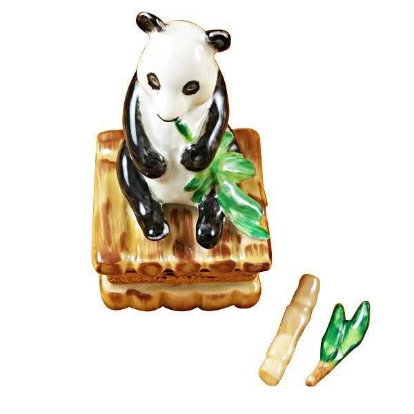 Panda with Removable Bamboo & Green Leaf Branch limoges box