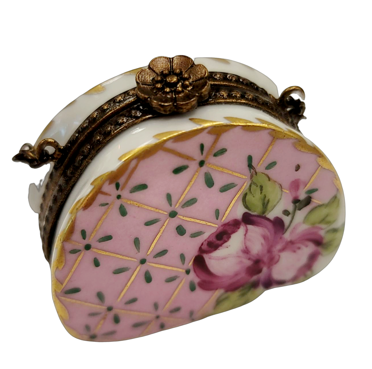 Pink w Blue Gold Purse Roses w Special Antiqued Brass One of a Kind Hand Painted