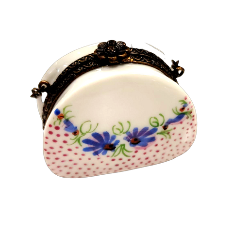 Pink Purse w Blue Flowers w Special Antiqued Brass One of a Kind Hand Painted