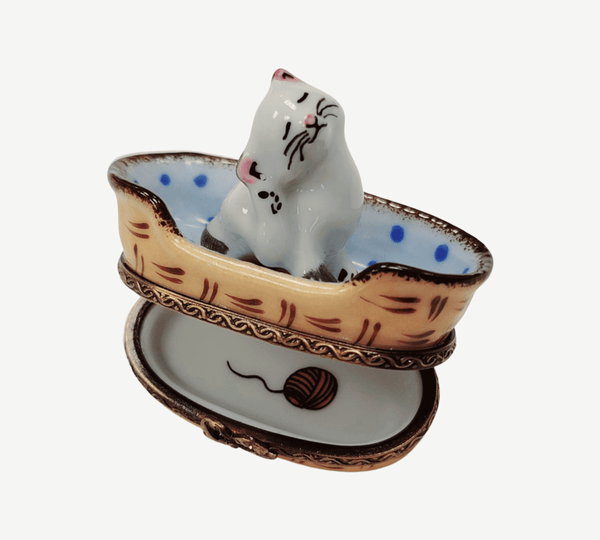 White Cat in Blue Basket with Porcelain Limoges Trinket Box