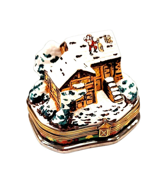 Santa on Roof of Winter Country House Cottage Porcelain Limoges Trinket Box