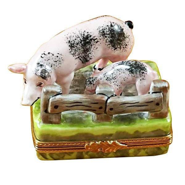 Two Spotted Pigs by Fence limoges box
